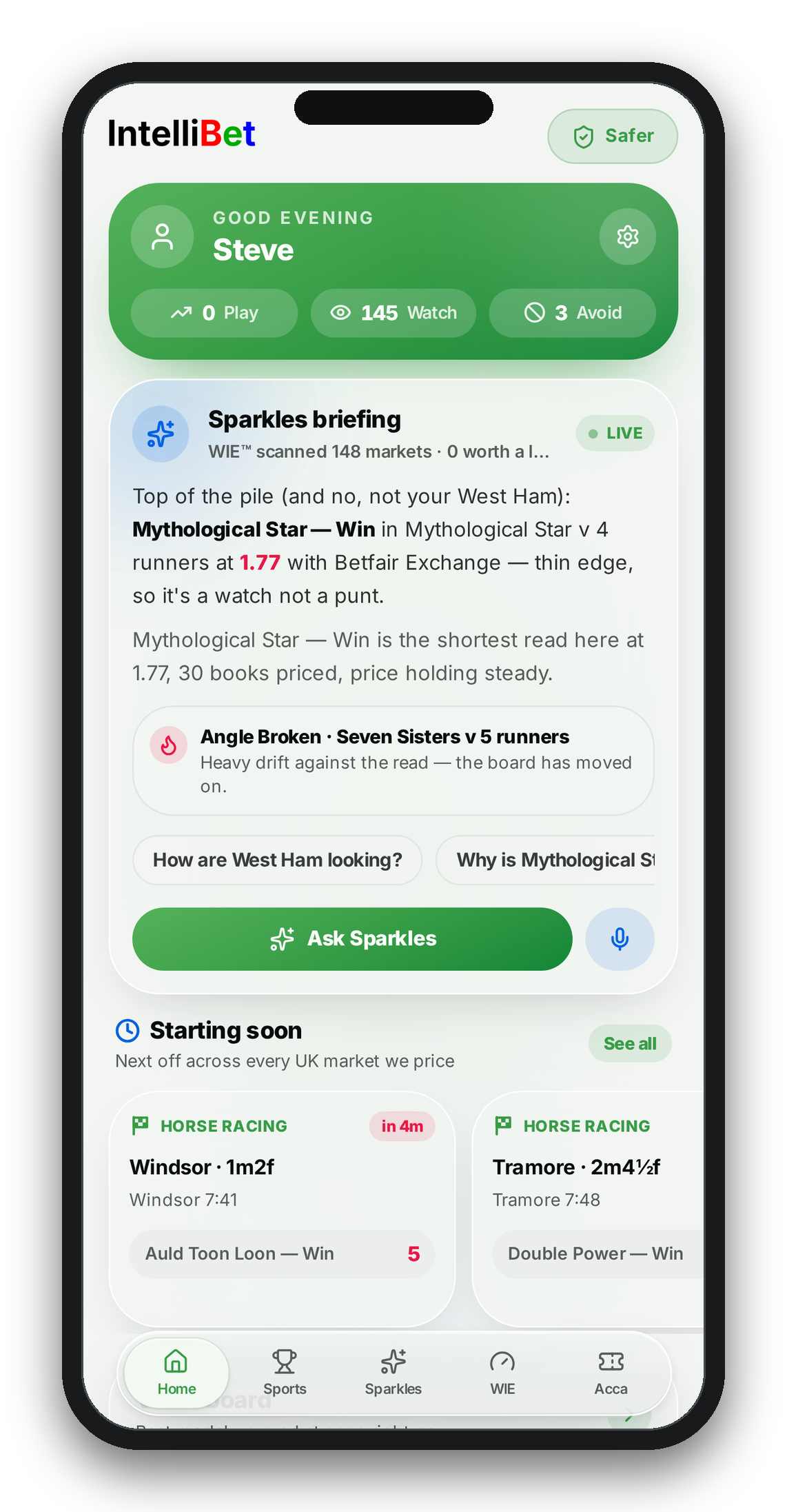 IntelliBet app home screen showing the Sparkles briefing and today's WIE confidence reads