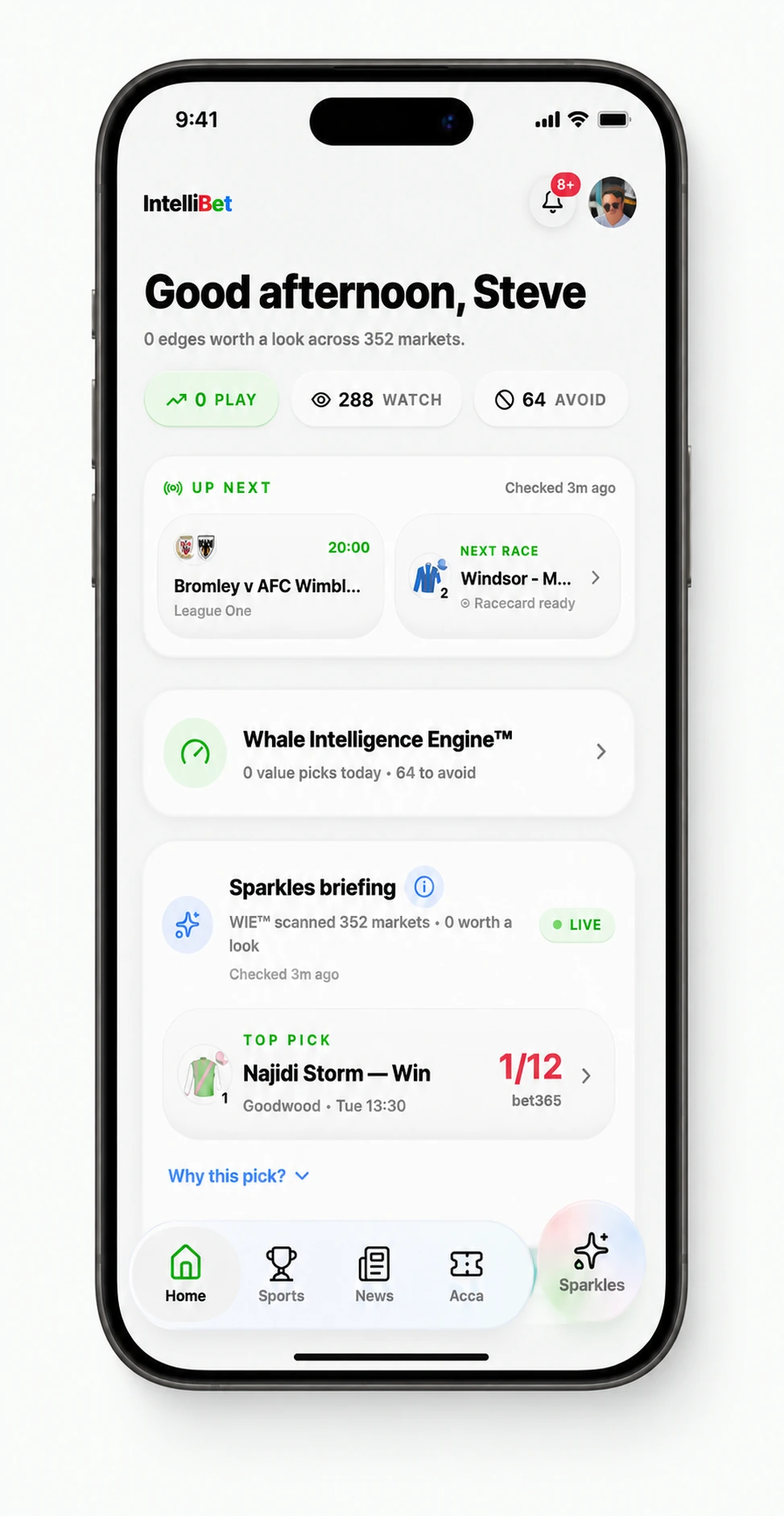 IntelliBet home screen showing the Sparkles briefing top pick and the live Football hub